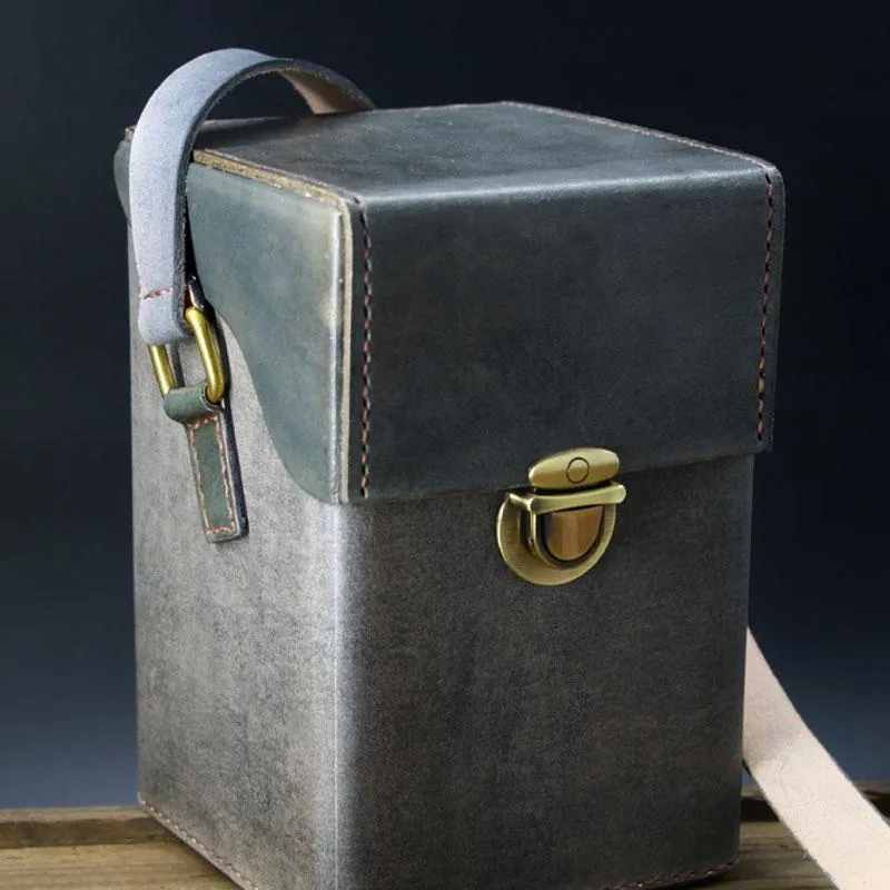 Handmade Gray Leather Mens Small Box Bag Shoulder Bag Messenger Bag for Men