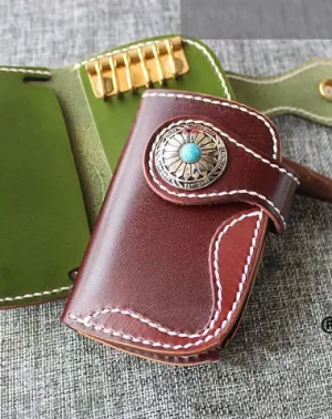Handmade Green Leather Mens Womens Small Key Holders Key Wallets Coffee Card Key Wallet For Men