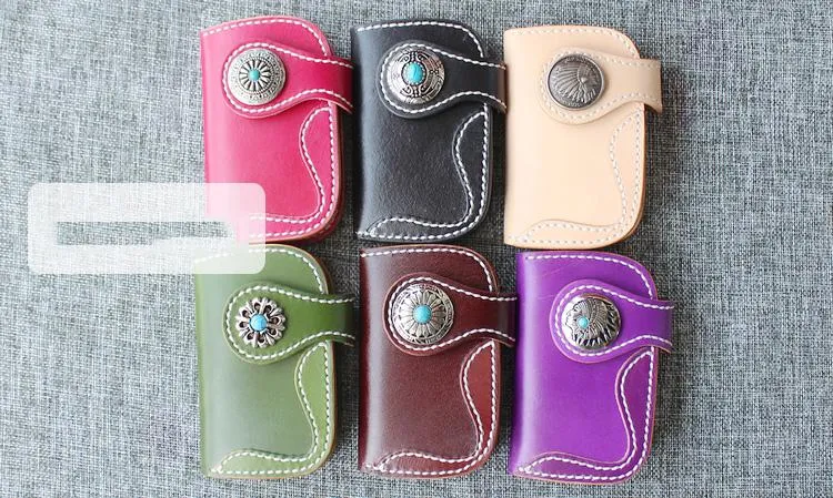 Handmade Green Leather Mens Womens Small Key Holders Key Wallets Coffee Card Key Wallet For Men