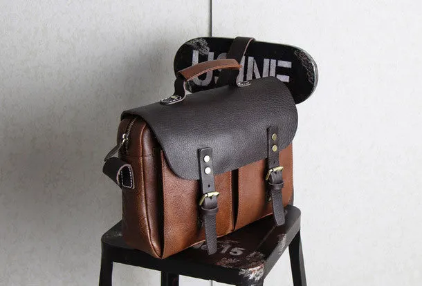 Handmade leather men Briefcase messenger Coffee Brown shoulder bag vintage bag for him