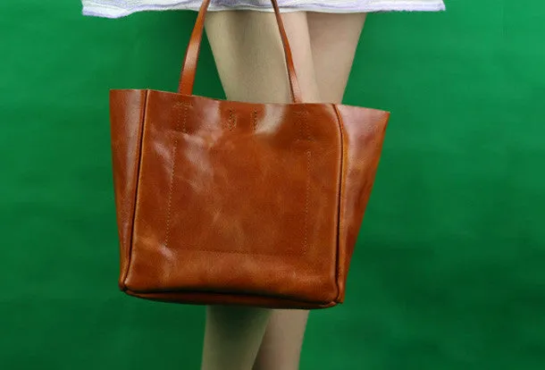 Handmade modern vintage leather minimalist handbag tote shopper Bag for girl women