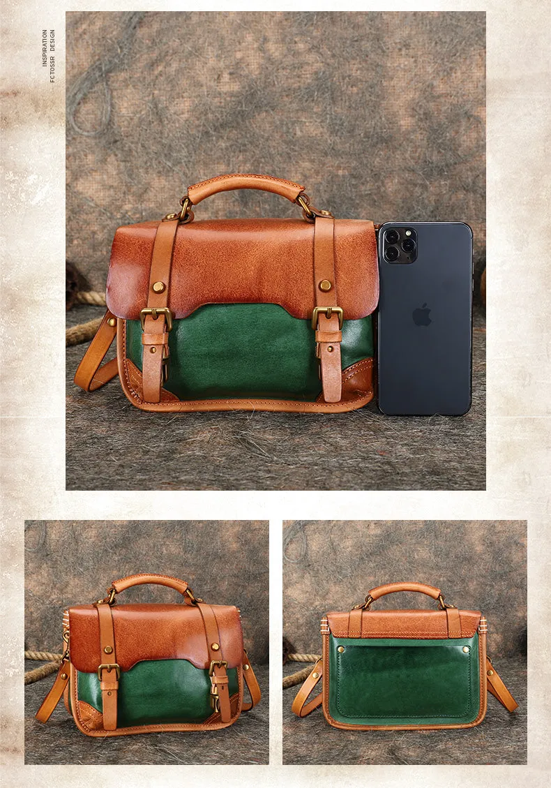 Handmade Small Leather Womens Satchel Shoulder Bag School Handbag Crossbody Purses for Ladies