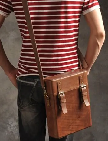 Handmade Vintage Coffee Leather Mens Messenger Bag Box Shoulder Bags for Men