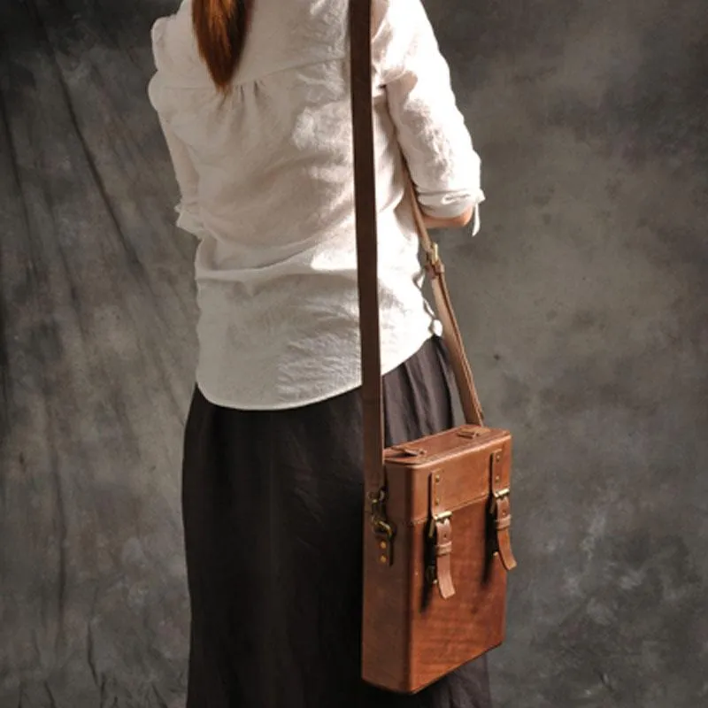 Handmade Vintage Coffee Leather Mens Messenger Bag Box Shoulder Bags for Men