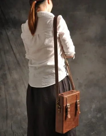Handmade Vintage Coffee Leather Mens Messenger Bag Box Shoulder Bags for Men