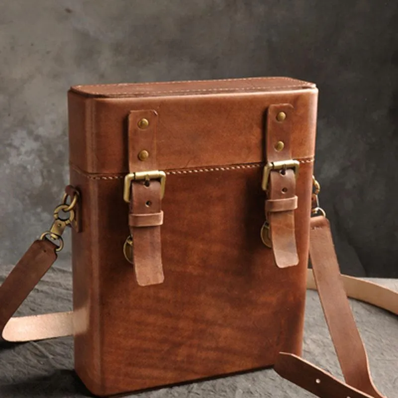 Handmade Vintage Coffee Leather Mens Messenger Bag Box Shoulder Bags for Men