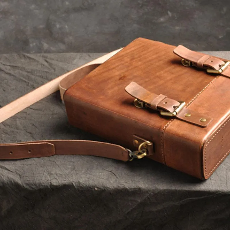 Handmade Vintage Coffee Leather Mens Messenger Bag Box Shoulder Bags for Men