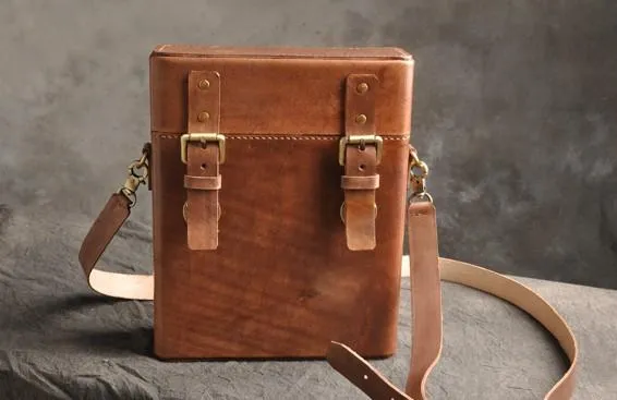 Handmade Vintage Coffee Leather Mens Messenger Bag Box Shoulder Bags for Men