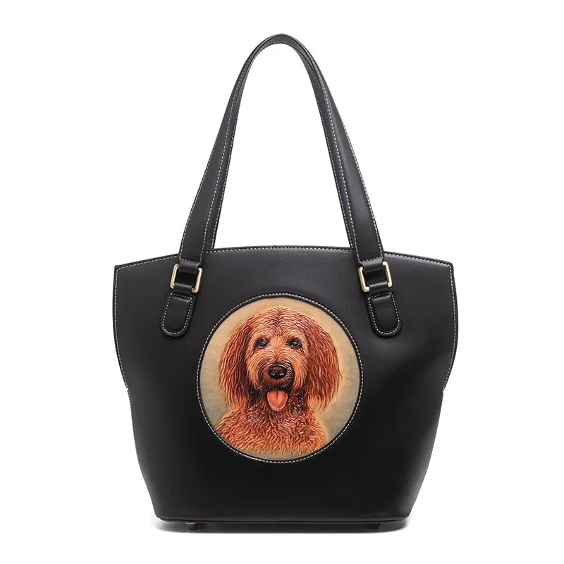 Handmade Womens Black Leather Tote Handbag Purse Dog Tote Bag for Women