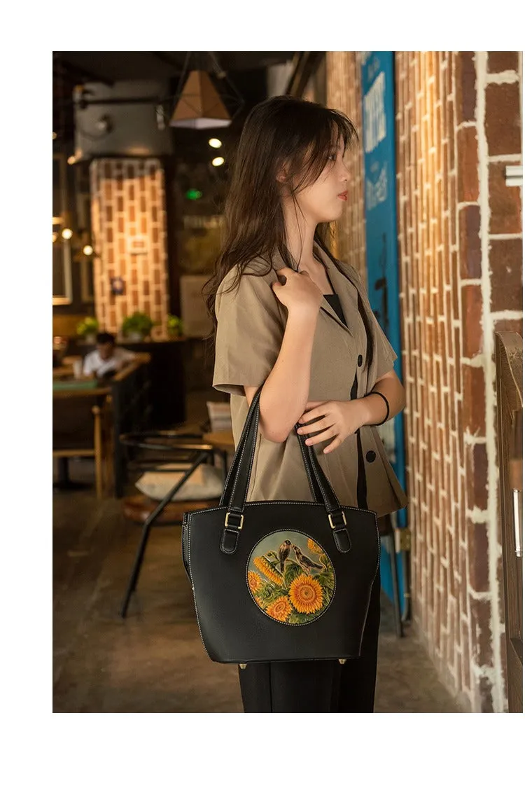 Handmade Womens Brown Leather Tote Handbag Purse Birds Tote Bag for Women