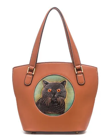 Handmade Womens Brown Leather Totes Handbag Purse Black Cat Tote Bag for Women