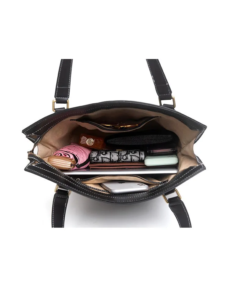 Handmade Womens Brown Leather Totes Handbag Purse Black Cat Tote Bag for Women