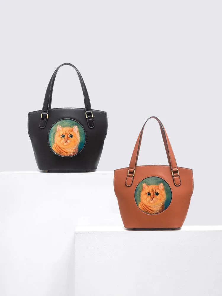 Handmade Womens Brown Leather Totes Handbag Purse Black Cat Tote Bag for Women