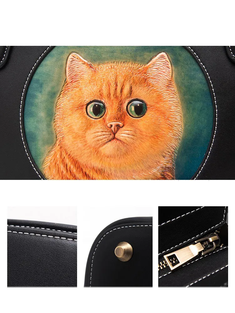 Handmade Womens Brown Leather Totes Handbag Purse Black Cat Tote Bag for Women