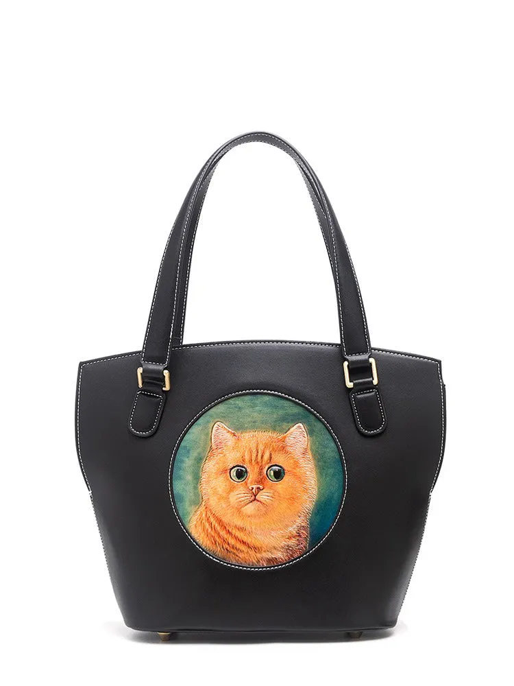 Handmade Womens Brown Leather Totes Handbag Purse Black Cat Tote Bag for Women