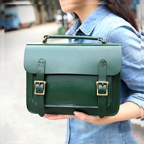 Handmade Womens Green Leather Satchel Shoulder Bag Cambridge Structured Satchel Handbag Purse for Men