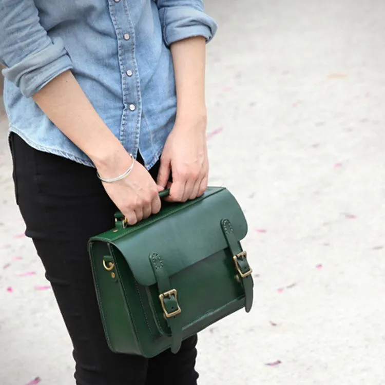 Handmade Womens Green Leather Satchel Shoulder Bag Cambridge Structured Satchel Handbag Purse for Men