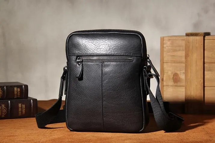 Leather Mens Black Small Shoulder Bag Messenger Bag Crossbody Bag for Men