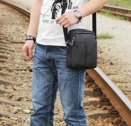 Leather Mens Black Small Shoulder Bag Messenger Bag Crossbody Bag for Men
