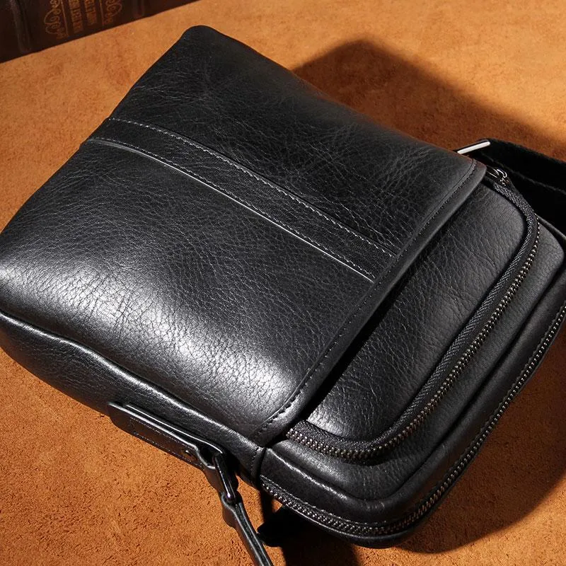 Leather Mens Black Small Shoulder Bag Messenger Bag Crossbody Bag for Men