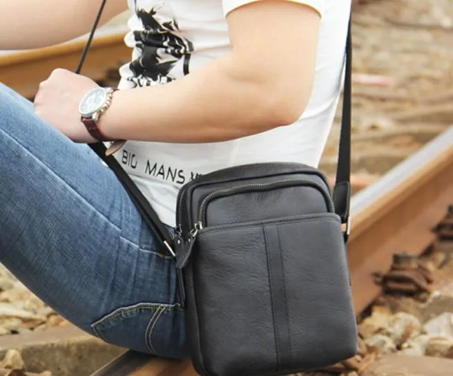Leather Mens Black Small Shoulder Bag Messenger Bag Crossbody Bag for Men