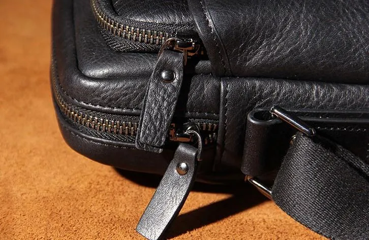 Leather Mens Black Small Shoulder Bag Messenger Bag Crossbody Bag for Men