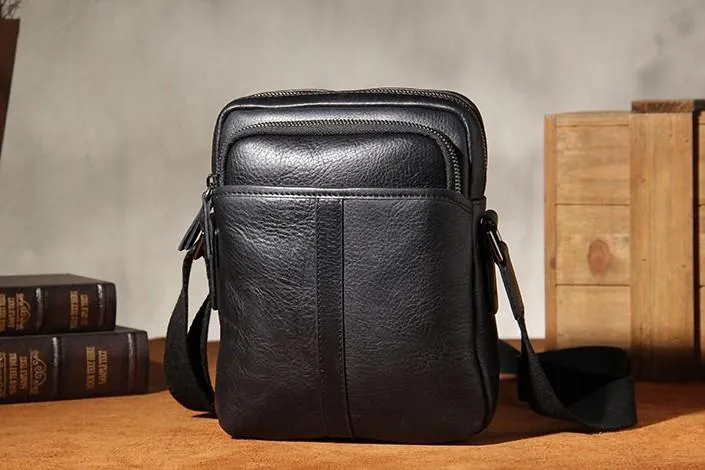 Leather Mens Black Small Shoulder Bag Messenger Bag Crossbody Bag for Men