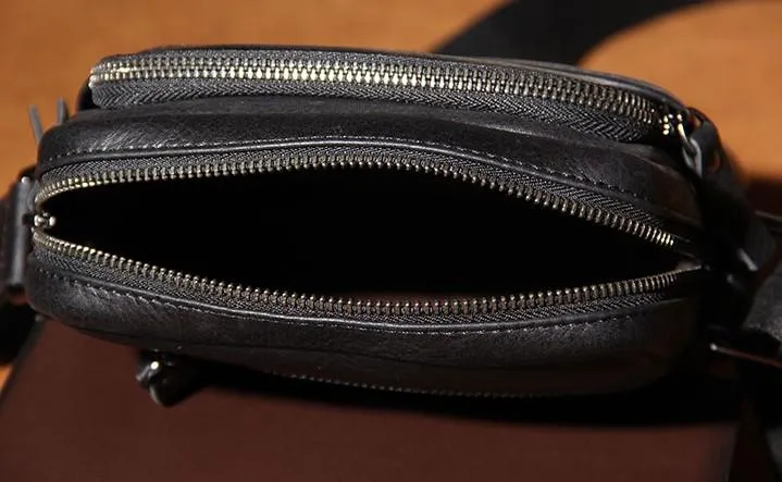 Leather Mens Black Small Shoulder Bag Messenger Bag Crossbody Bag for Men