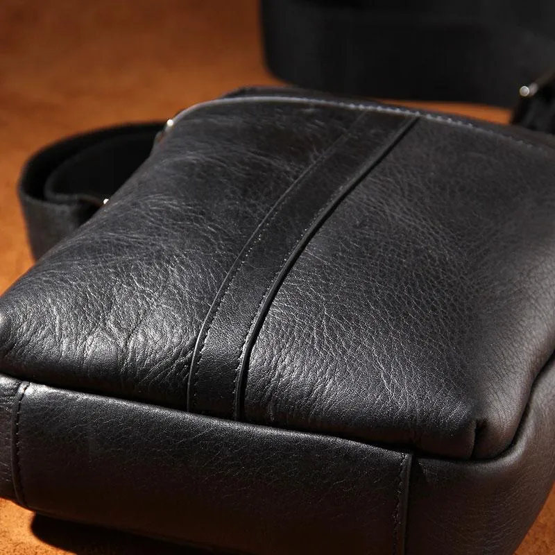 Leather Mens Black Small Shoulder Bag Messenger Bag Crossbody Bag for Men