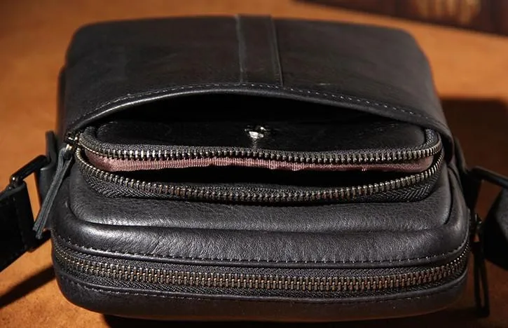 Leather Mens Black Small Shoulder Bag Messenger Bag Crossbody Bag for Men