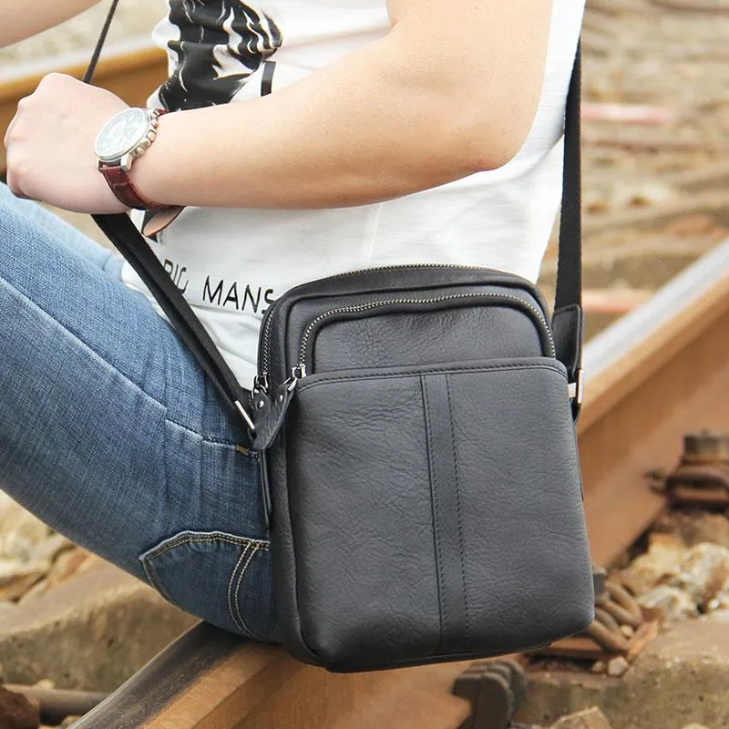 Leather Mens Black Small Shoulder Bag Messenger Bag Crossbody Bag for Men