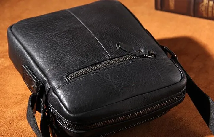 Leather Mens Black Small Shoulder Bag Messenger Bag Crossbody Bag for Men