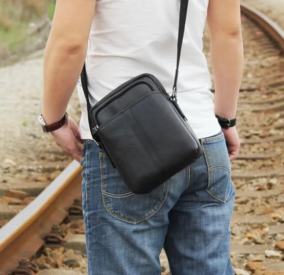Leather Mens Black Small Shoulder Bag Messenger Bag Crossbody Bag for Men