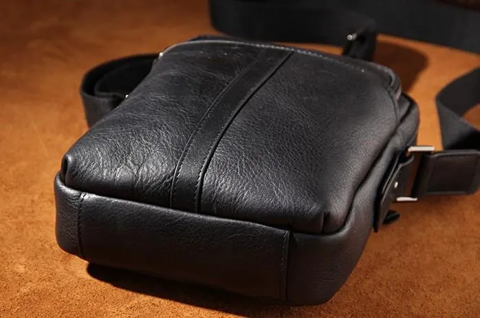 Leather Mens Black Small Shoulder Bag Messenger Bag Crossbody Bag for Men