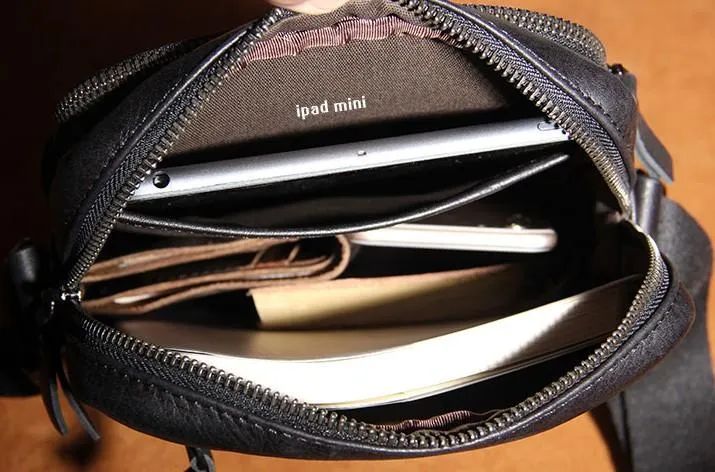 Leather Mens Black Small Shoulder Bag Messenger Bag Crossbody Bag for Men