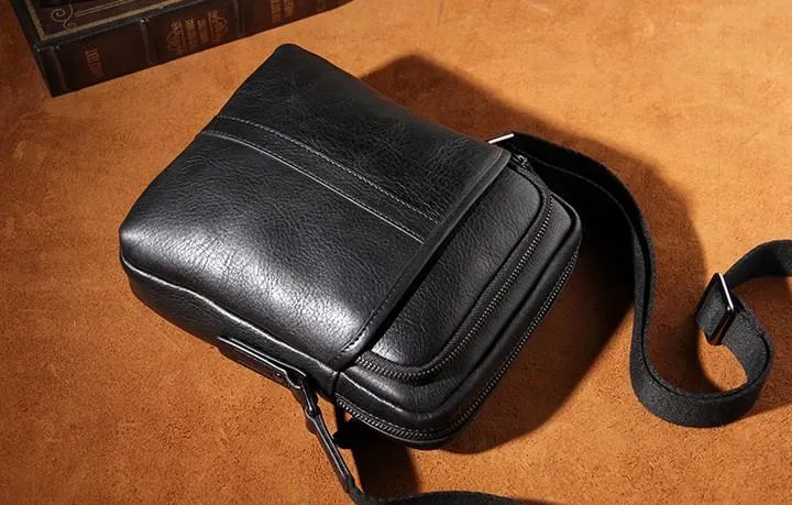 Leather Mens Black Small Shoulder Bag Messenger Bag Crossbody Bag for Men