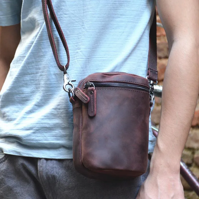 Leather Men's Brown Small Shoulder Bag Mini Side Bag Phone Messenger Bag For Men