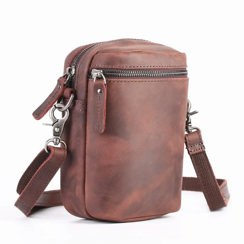 Leather Men's Brown Small Shoulder Bag Mini Side Bag Phone Messenger Bag For Men