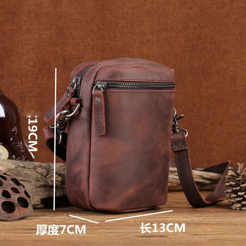 Leather Men's Brown Small Shoulder Bag Mini Side Bag Phone Messenger Bag For Men