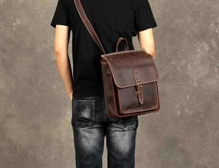 Leather Mens Cool Backpack Messenger Bag Coffee Travel Backpack Hiking Backpack for men