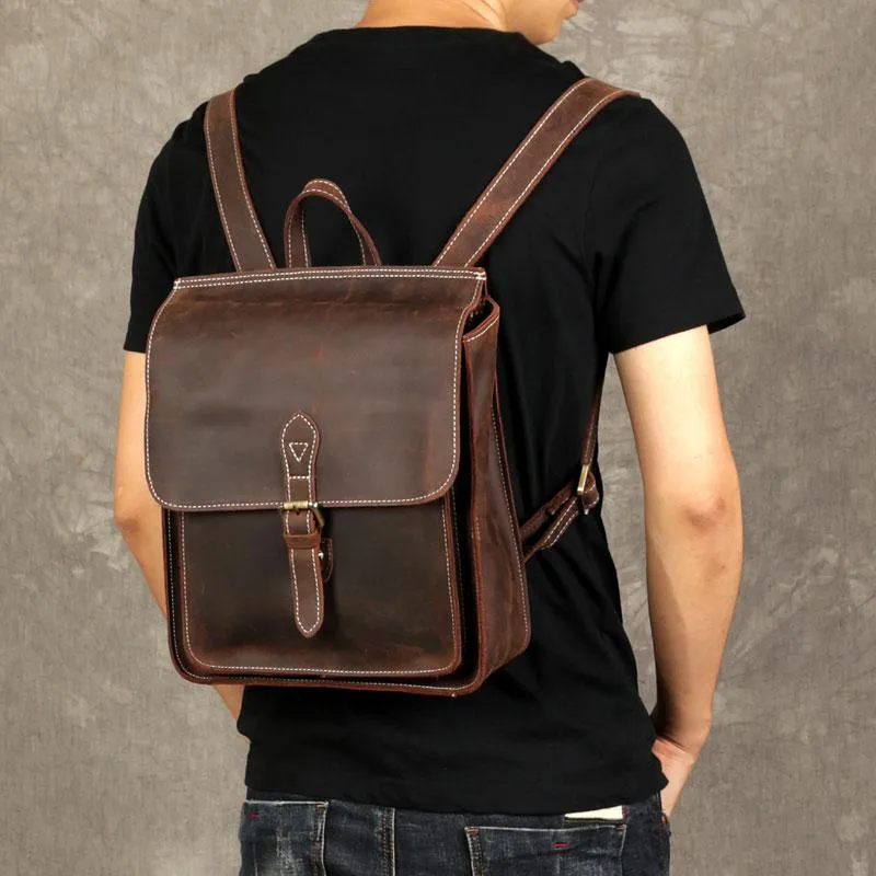 Leather Mens Cool Backpack Messenger Bag Coffee Travel Backpack Hiking Backpack for men