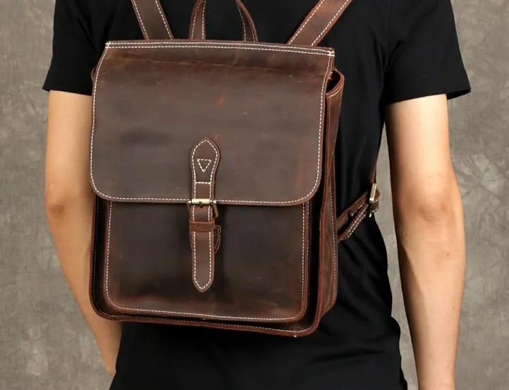 Leather Mens Cool Backpack Messenger Bag Coffee Travel Backpack Hiking Backpack for men