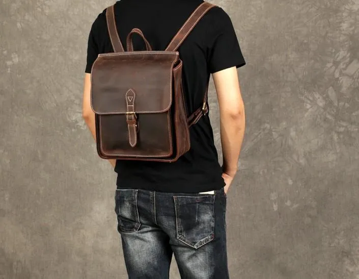 Leather Mens Cool Backpack Messenger Bag Coffee Travel Backpack Hiking Backpack for men