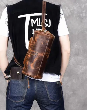 Leather Mens Vintage Brown Side Bag Barrel Messenger Bag Small Bucket Bag For Men