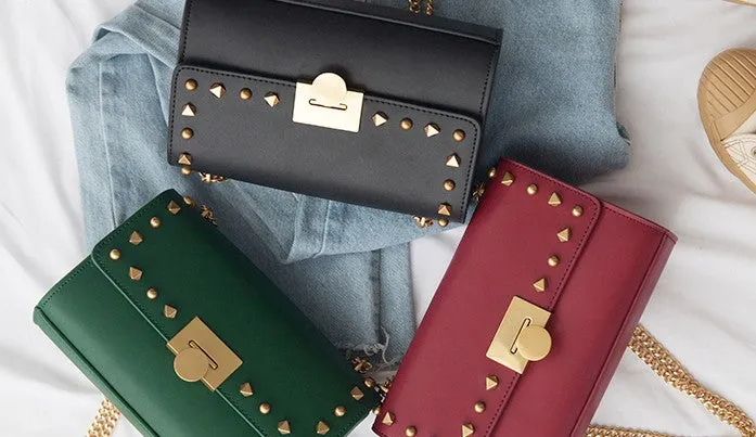 Leather Stylish Womens Rivet Handbag Work Purse Chain Shoulder Bag for Women