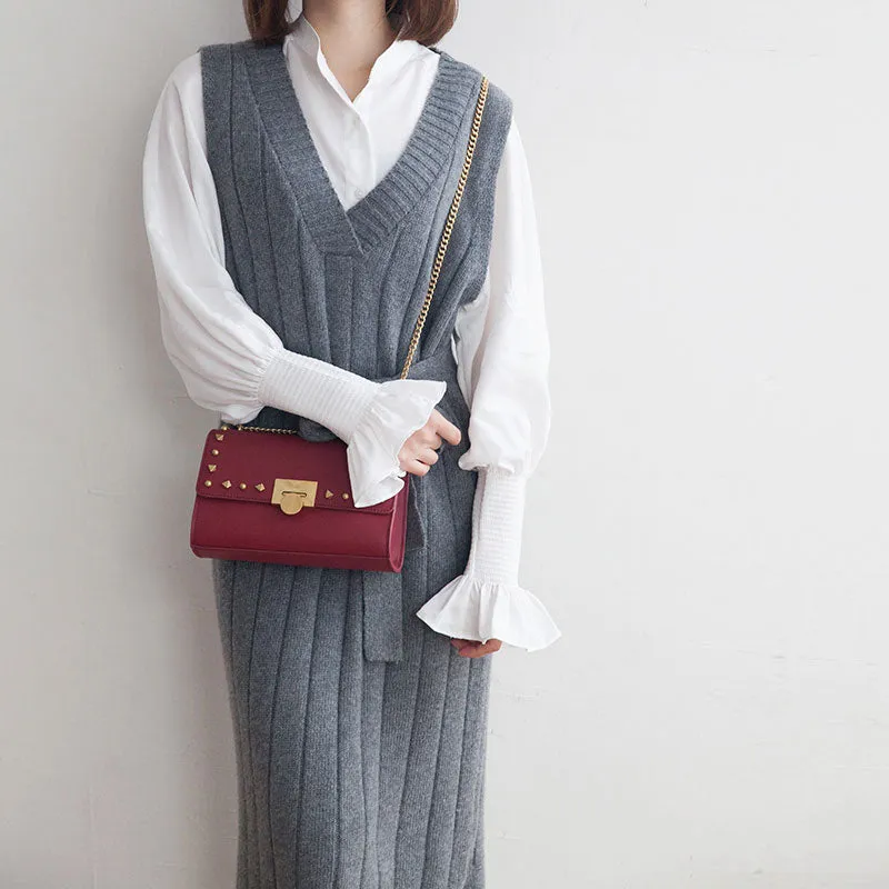 Leather Stylish Womens Rivet Handbag Work Purse Chain Shoulder Bag for Women