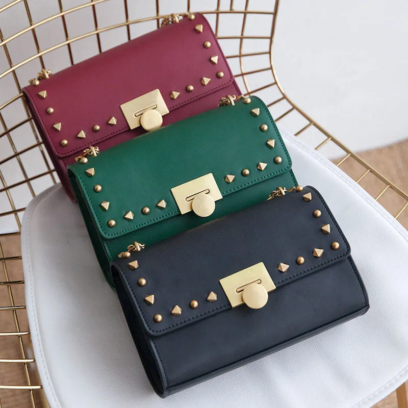 Leather Stylish Womens Rivet Handbag Work Purse Chain Shoulder Bag for Women