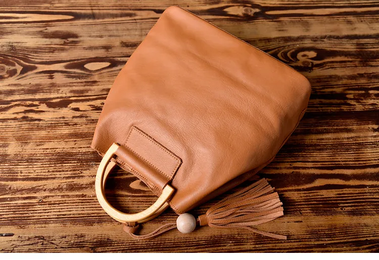 Leather Women Bucket Bag Handbag Shoulder Bag For Women with Tassels