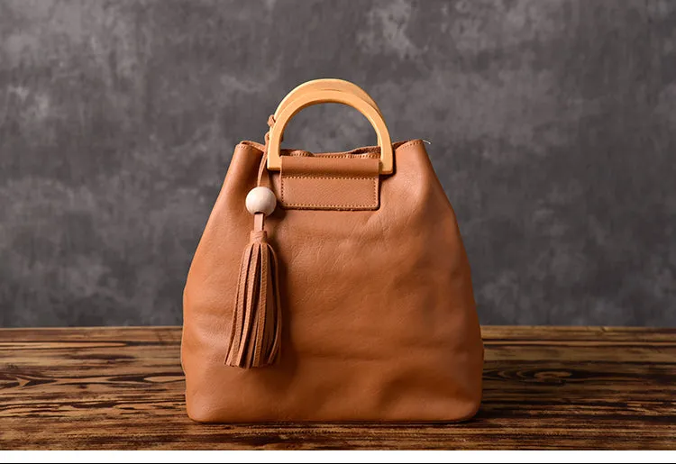 Leather Women Bucket Bag Handbag Shoulder Bag For Women with Tassels