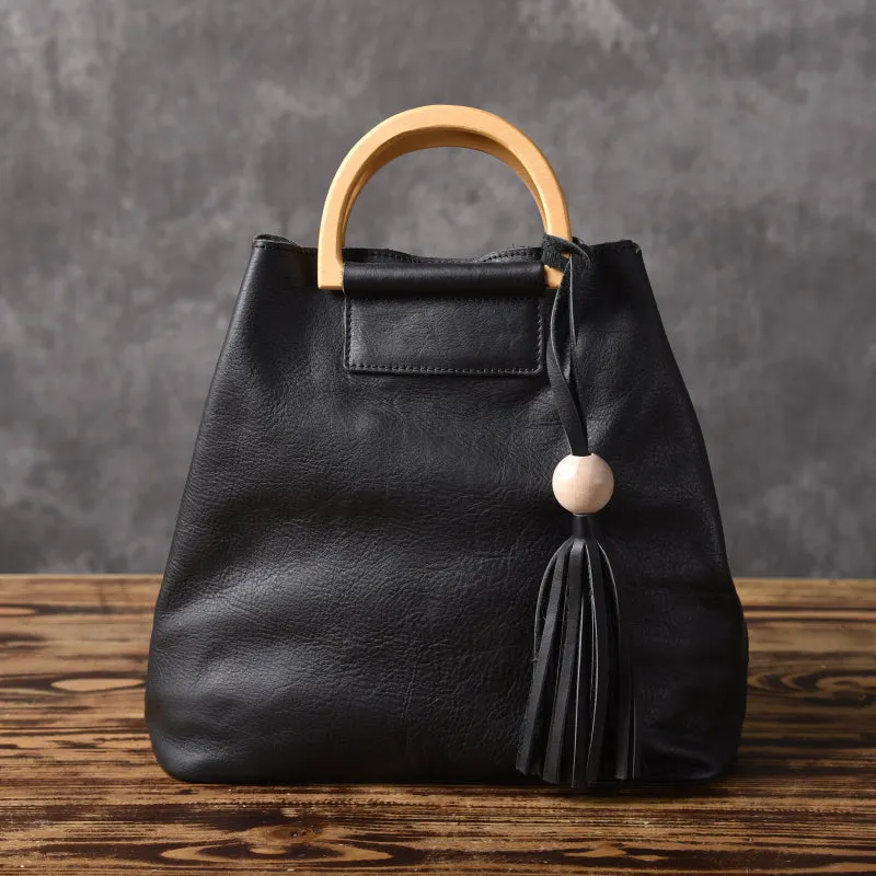 Leather Women Bucket Bag Handbag Shoulder Bag For Women with Tassels